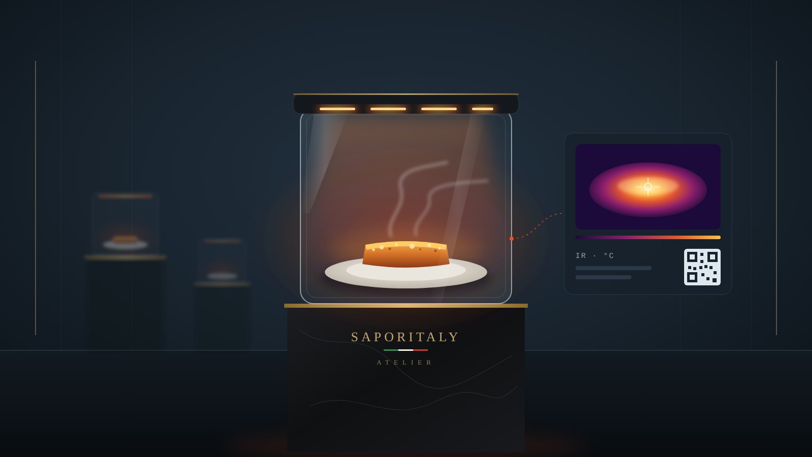 Visual del concept Atelier: cubo di vetro su piedistallo di marmo nero con emettitori a infrarossi accesi sopra un piatto in gratinatura