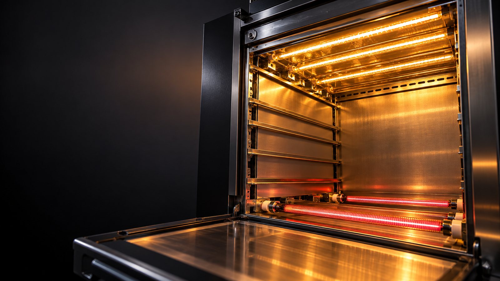 Visual del concetto RayLight: camera di cottura in acciaio con lampade a infrarossi accese