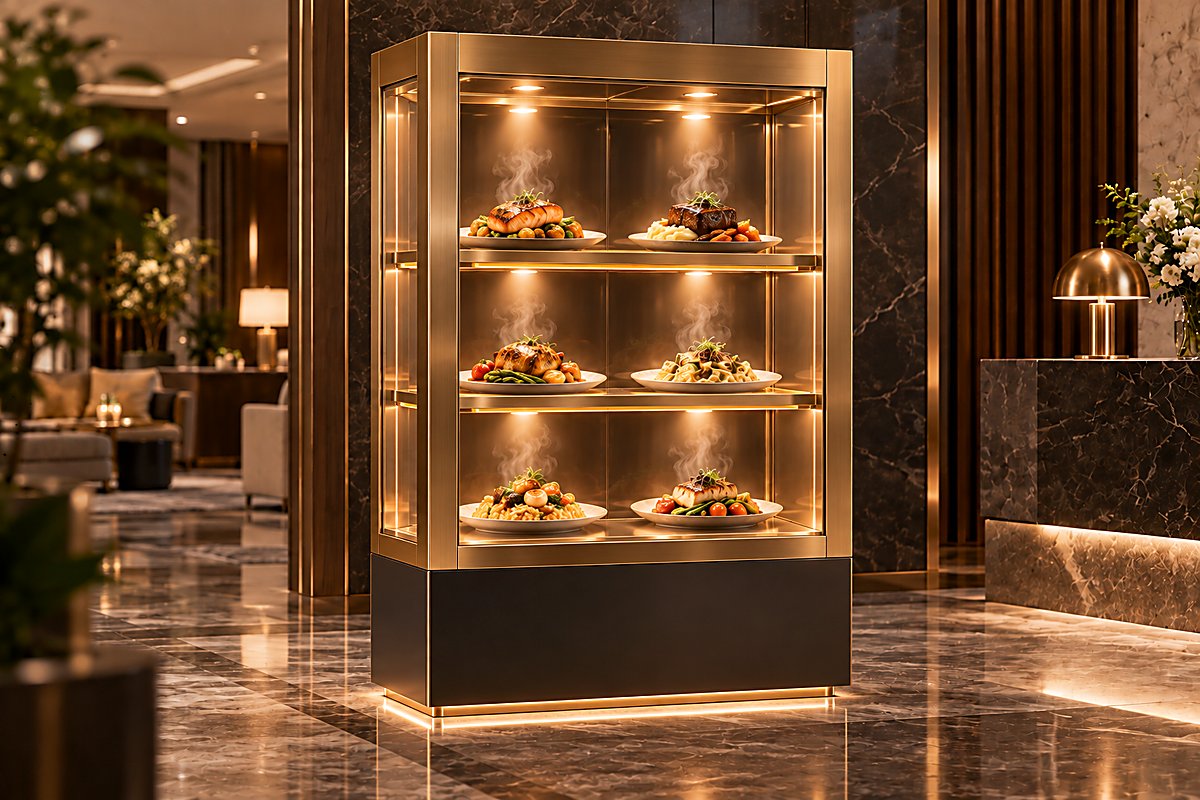 Saporitaly IR-30 Compact: vetrina luxury in vetro con sei piatti gourmet illuminati